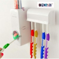 OkaeYa Plastic Automatic Toothpaste Dispenser with Tooth Brush Holder for Homes and Bathrooms (Multicolour, 16x10.5x7.6cm)